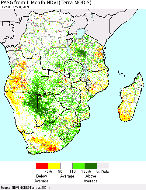 Southern Africa PASG from 1-Month NDVI (Terra-MODIS) Thematic Map For 11/1/2021 - 11/8/2021