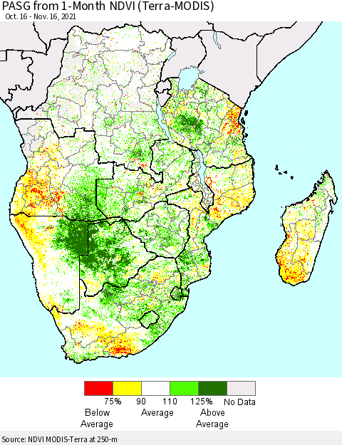 Southern Africa PASG from 1-Month NDVI (Terra-MODIS) Thematic Map For 11/9/2021 - 11/16/2021