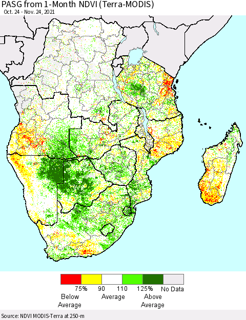 Southern Africa PASG from 1-Month NDVI (Terra-MODIS) Thematic Map For 11/17/2021 - 11/24/2021