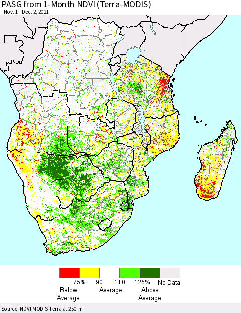 Southern Africa PASG from 1-Month NDVI (Terra-MODIS) Thematic Map For 11/25/2021 - 12/2/2021