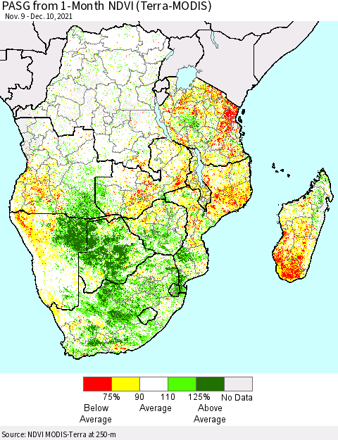 Southern Africa PASG from 1-Month NDVI (Terra-MODIS) Thematic Map For 12/3/2021 - 12/10/2021