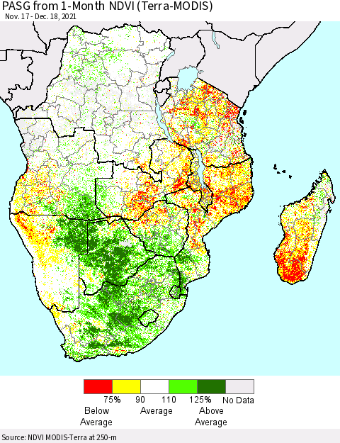 Southern Africa PASG from 1-Month NDVI (Terra-MODIS) Thematic Map For 12/11/2021 - 12/18/2021