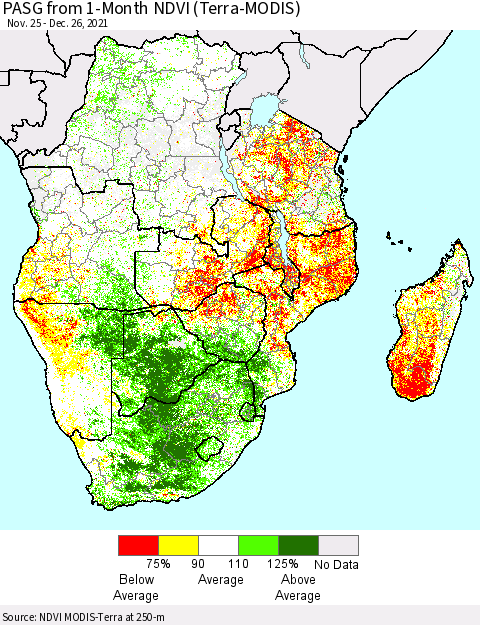 Southern Africa PASG from 1-Month NDVI (Terra-MODIS) Thematic Map For 12/19/2021 - 12/26/2021