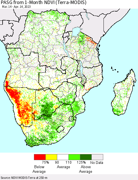 Southern Africa PASG from 1-Month NDVI (Terra-MODIS) Thematic Map For 4/7/2023 - 4/14/2023