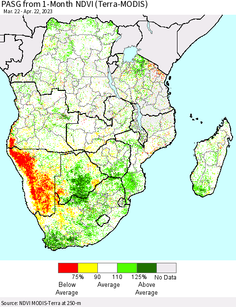 Southern Africa PASG from 1-Month NDVI (Terra-MODIS) Thematic Map For 4/15/2023 - 4/22/2023