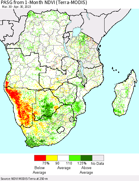 Southern Africa PASG from 1-Month NDVI (Terra-MODIS) Thematic Map For 4/23/2023 - 4/30/2023
