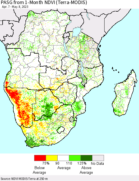 Southern Africa PASG from 1-Month NDVI (Terra-MODIS) Thematic Map For 5/1/2023 - 5/8/2023