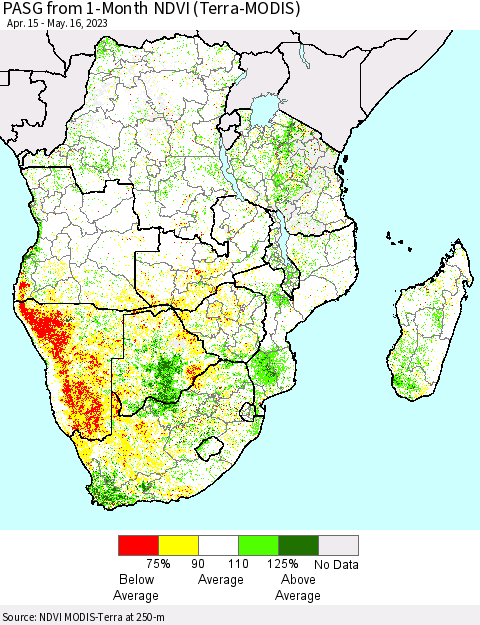 Southern Africa PASG from 1-Month NDVI (Terra-MODIS) Thematic Map For 5/9/2023 - 5/16/2023
