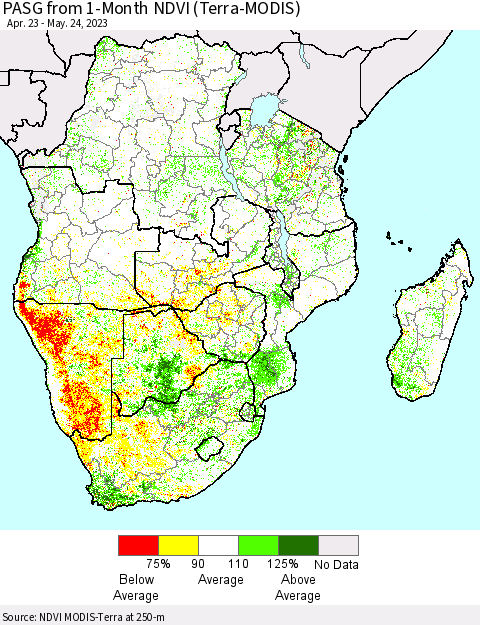 Southern Africa PASG from 1-Month NDVI (Terra-MODIS) Thematic Map For 5/17/2023 - 5/24/2023