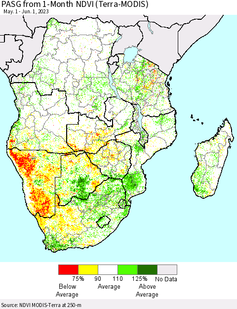Southern Africa PASG from 1-Month NDVI (Terra-MODIS) Thematic Map For 5/25/2023 - 6/1/2023