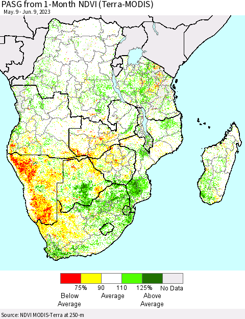 Southern Africa PASG from 1-Month NDVI (Terra-MODIS) Thematic Map For 6/2/2023 - 6/9/2023