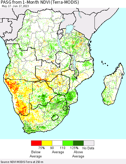 Southern Africa PASG from 1-Month NDVI (Terra-MODIS) Thematic Map For 6/10/2023 - 6/17/2023
