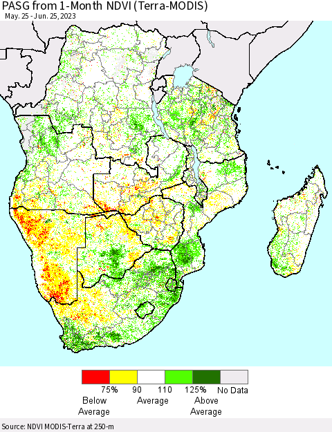 Southern Africa PASG from 1-Month NDVI (Terra-MODIS) Thematic Map For 6/18/2023 - 6/25/2023