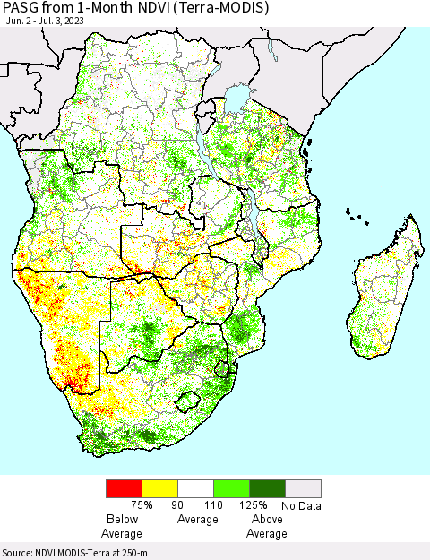 Southern Africa PASG from 1-Month NDVI (Terra-MODIS) Thematic Map For 6/26/2023 - 7/3/2023
