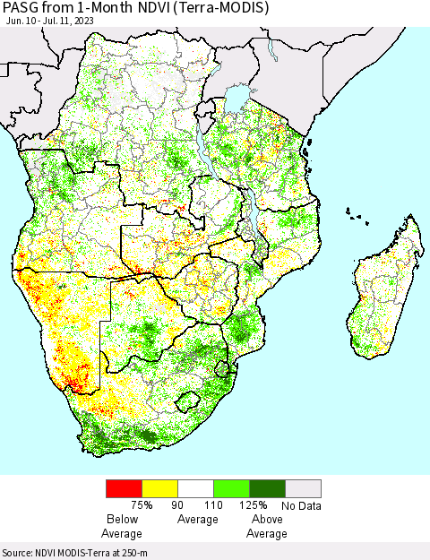 Southern Africa PASG from 1-Month NDVI (Terra-MODIS) Thematic Map For 7/4/2023 - 7/11/2023