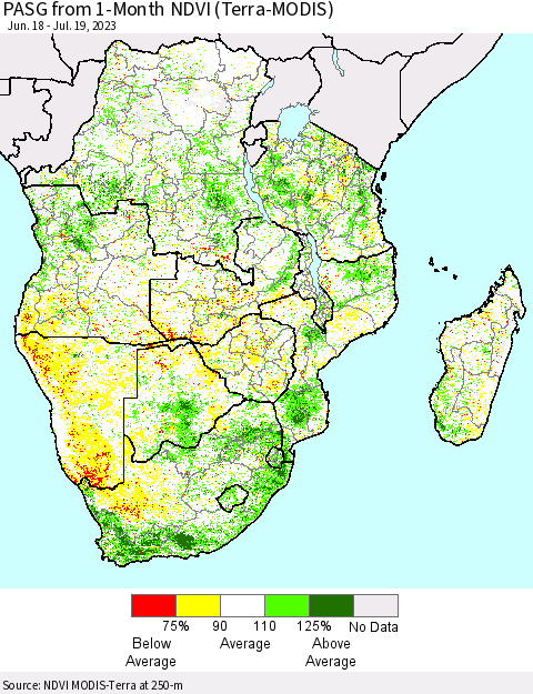 Southern Africa PASG from 1-Month NDVI (Terra-MODIS) Thematic Map For 7/12/2023 - 7/19/2023