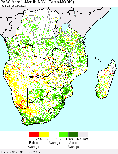 Southern Africa PASG from 1-Month NDVI (Terra-MODIS) Thematic Map For 7/20/2023 - 7/27/2023