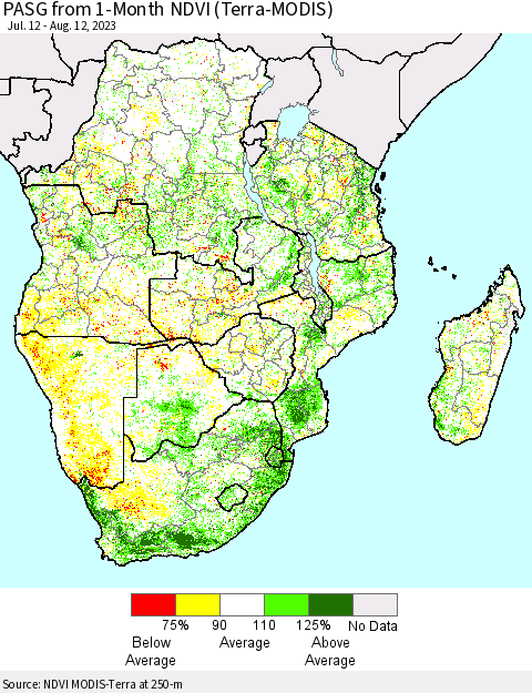 Southern Africa PASG from 1-Month NDVI (Terra-MODIS) Thematic Map For 8/5/2023 - 8/12/2023