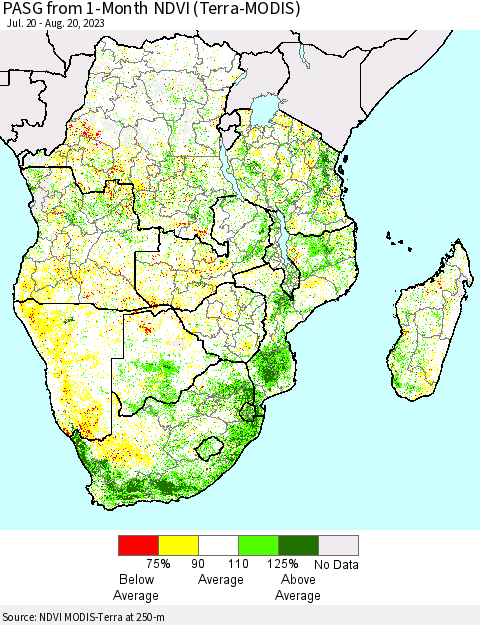 Southern Africa PASG from 1-Month NDVI (Terra-MODIS) Thematic Map For 8/13/2023 - 8/20/2023