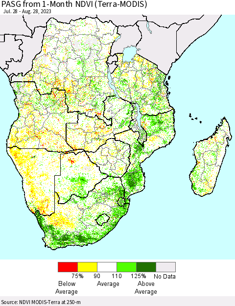 Southern Africa PASG from 1-Month NDVI (Terra-MODIS) Thematic Map For 8/21/2023 - 8/28/2023