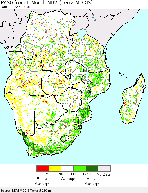 Southern Africa PASG from 1-Month NDVI (Terra-MODIS) Thematic Map For 9/6/2023 - 9/13/2023