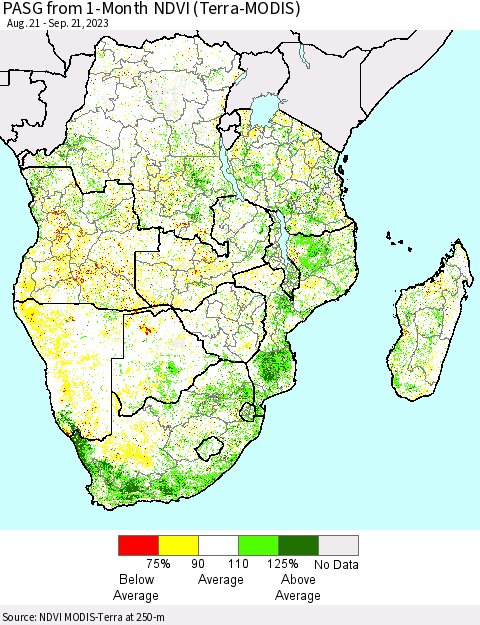 Southern Africa PASG from 1-Month NDVI (Terra-MODIS) Thematic Map For 9/14/2023 - 9/21/2023