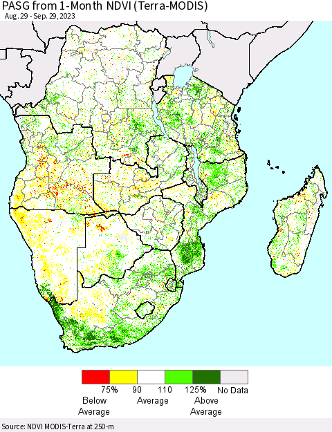 Southern Africa PASG from 1-Month NDVI (Terra-MODIS) Thematic Map For 9/22/2023 - 9/29/2023