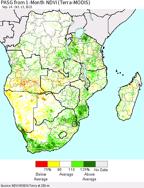 Southern Africa PASG from 1-Month NDVI (Terra-MODIS) Thematic Map For 10/8/2023 - 10/15/2023