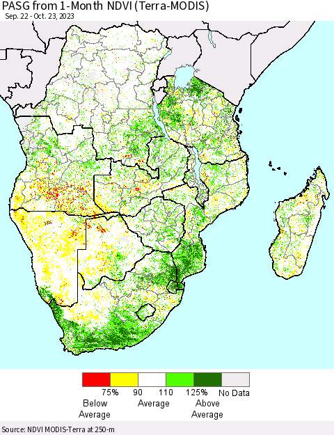Southern Africa PASG from 1-Month NDVI (Terra-MODIS) Thematic Map For 10/16/2023 - 10/23/2023
