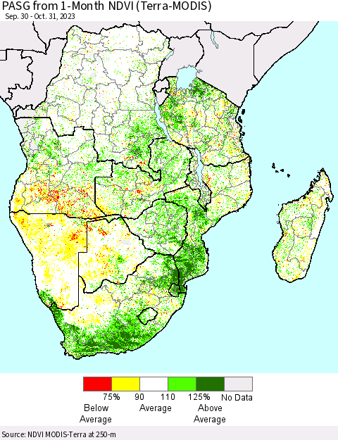 Southern Africa PASG from 1-Month NDVI (Terra-MODIS) Thematic Map For 10/24/2023 - 10/31/2023