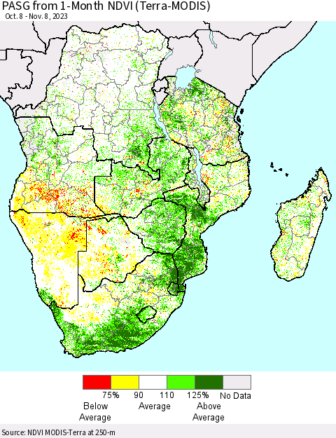 Southern Africa PASG from 1-Month NDVI (Terra-MODIS) Thematic Map For 11/1/2023 - 11/8/2023