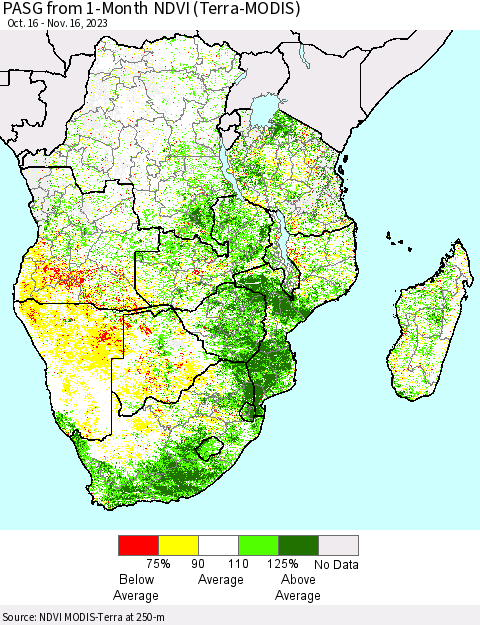 Southern Africa PASG from 1-Month NDVI (Terra-MODIS) Thematic Map For 11/9/2023 - 11/16/2023