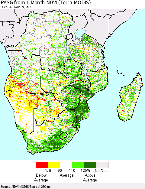 Southern Africa PASG from 1-Month NDVI (Terra-MODIS) Thematic Map For 11/17/2023 - 11/24/2023