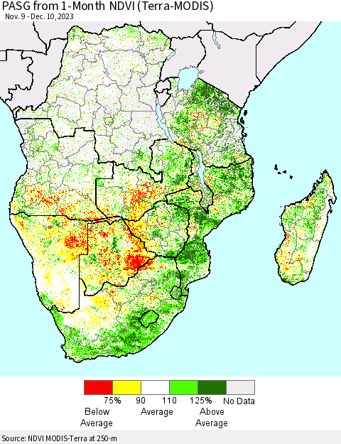 Southern Africa PASG from 1-Month NDVI (Terra-MODIS) Thematic Map For 12/3/2023 - 12/10/2023