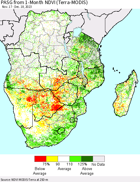 Southern Africa PASG from 1-Month NDVI (Terra-MODIS) Thematic Map For 12/11/2023 - 12/18/2023