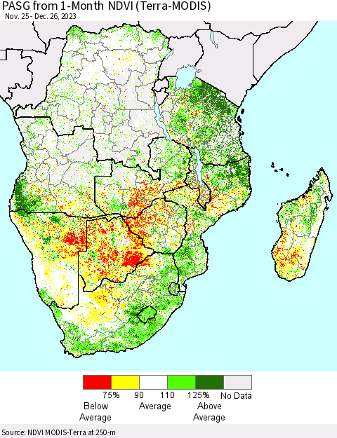 Southern Africa PASG from 1-Month NDVI (Terra-MODIS) Thematic Map For 12/19/2023 - 12/26/2023