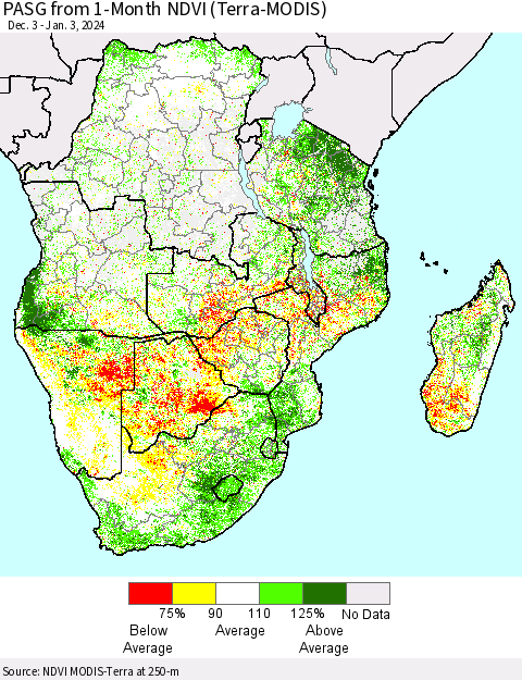 Southern Africa PASG from 1-Month NDVI (Terra-MODIS) Thematic Map For 12/27/2023 - 1/3/2024
