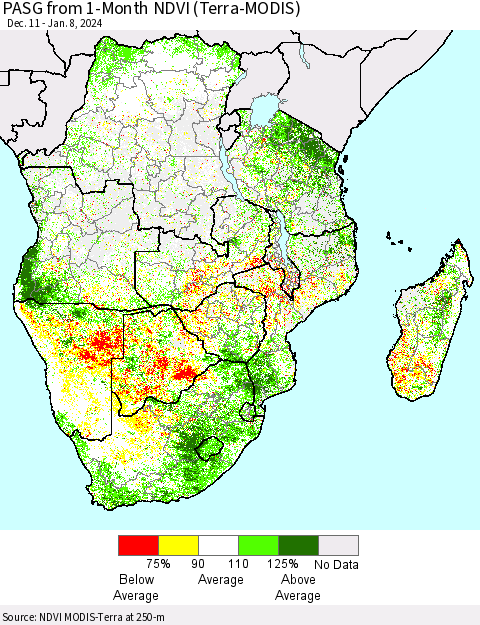 Southern Africa PASG from 1-Month NDVI (Terra-MODIS) Thematic Map For 1/1/2024 - 1/8/2024