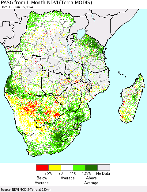 Southern Africa PASG from 1-Month NDVI (Terra-MODIS) Thematic Map For 1/9/2024 - 1/16/2024