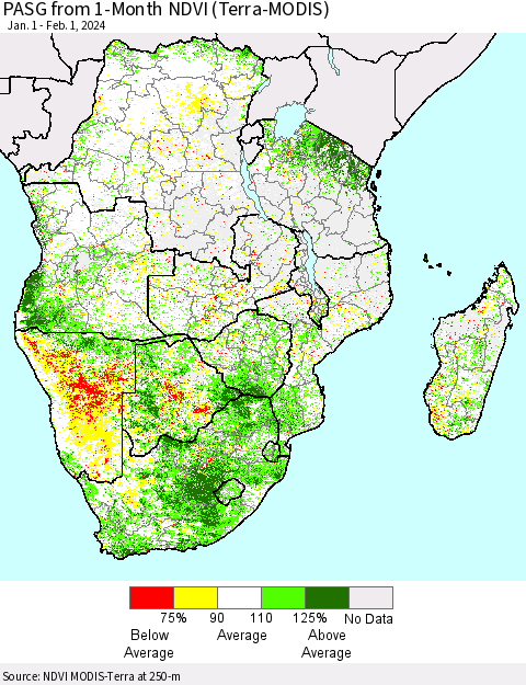 Southern Africa PASG from 1-Month NDVI (Terra-MODIS) Thematic Map For 1/25/2024 - 2/1/2024