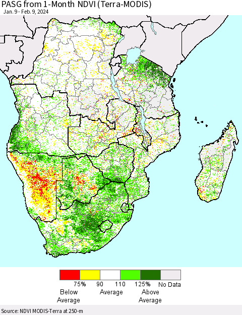 Southern Africa PASG from 1-Month NDVI (Terra-MODIS) Thematic Map For 2/2/2024 - 2/9/2024