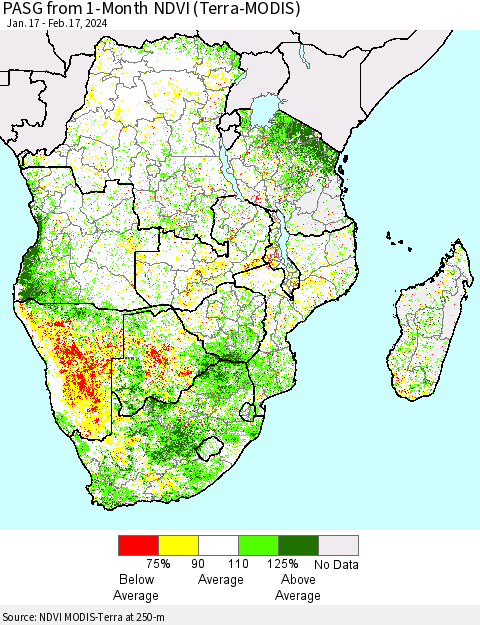 Southern Africa PASG from 1-Month NDVI (Terra-MODIS) Thematic Map For 2/10/2024 - 2/17/2024