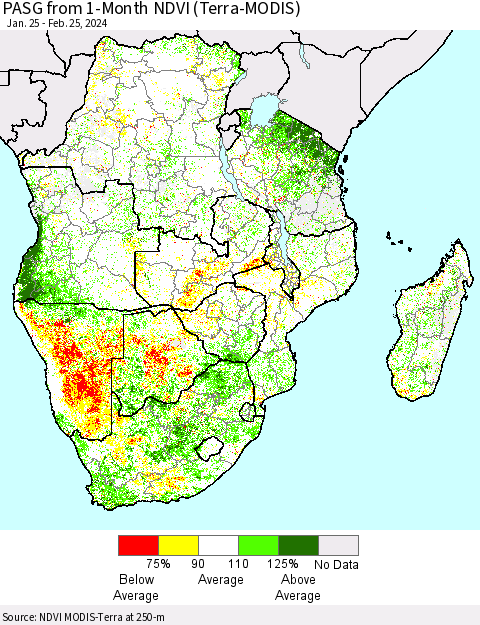 Southern Africa PASG from 1-Month NDVI (Terra-MODIS) Thematic Map For 2/18/2024 - 2/25/2024