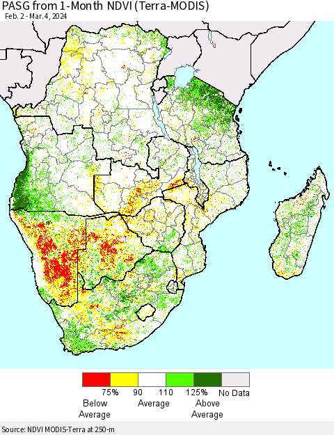 Southern Africa PASG from 1-Month NDVI (Terra-MODIS) Thematic Map For 2/26/2024 - 3/4/2024