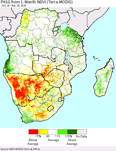 Southern Africa PASG from 1-Month NDVI (Terra-MODIS) Thematic Map For 3/13/2024 - 3/20/2024