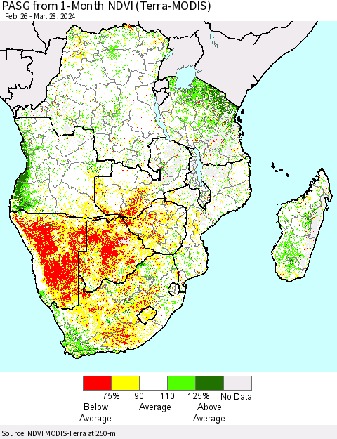 Southern Africa PASG from 1-Month NDVI (Terra-MODIS) Thematic Map For 3/21/2024 - 3/28/2024