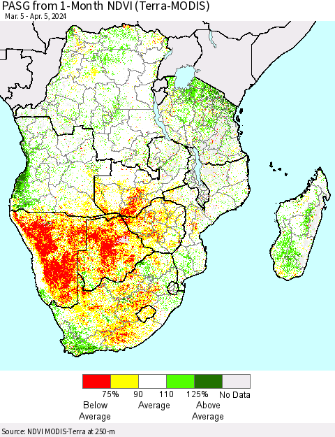 Southern Africa PASG from 1-Month NDVI (Terra-MODIS) Thematic Map For 3/29/2024 - 4/5/2024