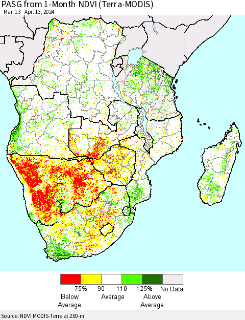 Southern Africa PASG from 1-Month NDVI (Terra-MODIS) Thematic Map For 4/6/2024 - 4/13/2024