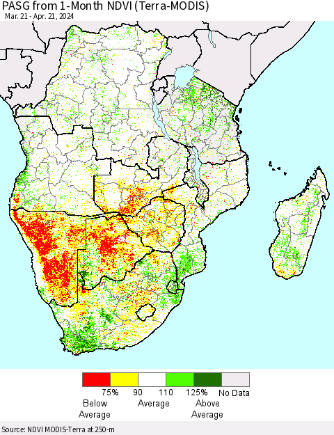 Southern Africa PASG from 1-Month NDVI (Terra-MODIS) Thematic Map For 4/14/2024 - 4/21/2024