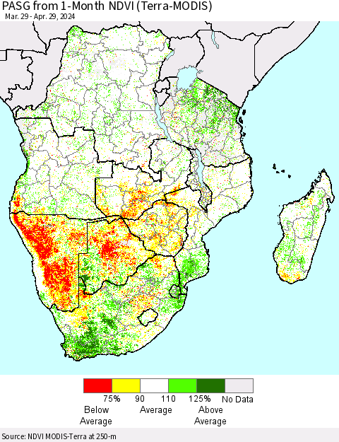 Southern Africa PASG from 1-Month NDVI (Terra-MODIS) Thematic Map For 4/22/2024 - 4/29/2024